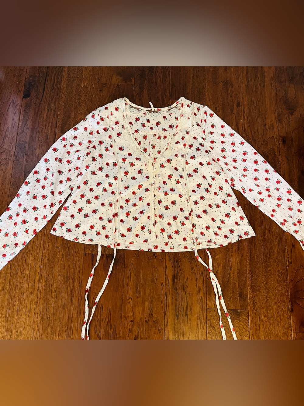 Free People Cream Long Sleeve Blouse with Red Rose Print
